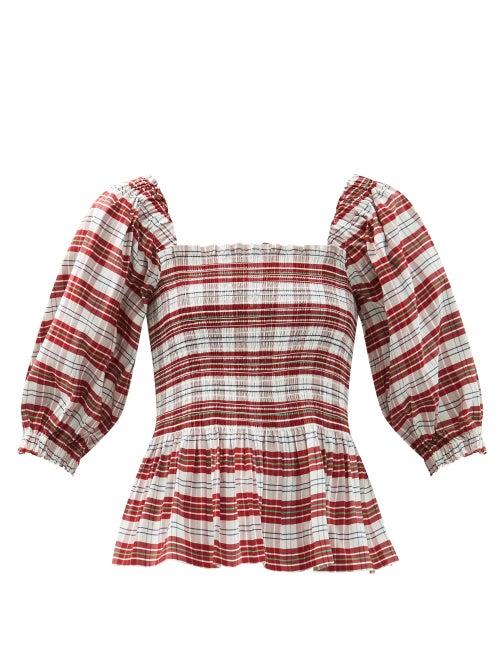 Ladies Rtw Molly Goddard - Alejandra Shirred Tartan Cotton-blend Blouse - Womens - Red Multi