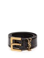 Matchesfashion.com Saint Laurent - Monogram Crocodile Effect Patent Leather Belt - Womens - Black