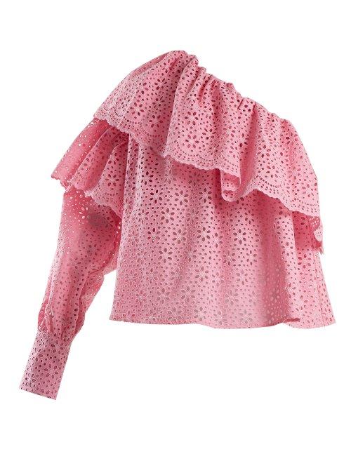 Matchesfashion.com Msgm - One Shoulder Broderie Anglaise Cotton Top - Womens - Pink