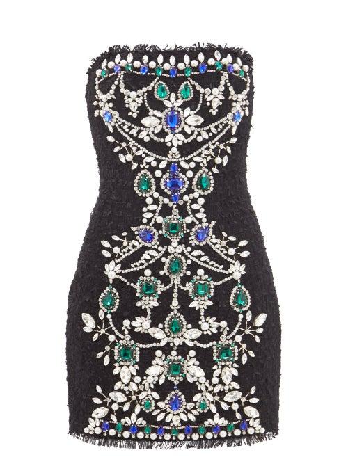 Balmain - Strapless Embellished-tweed Mini Dress - Womens - Black Multi