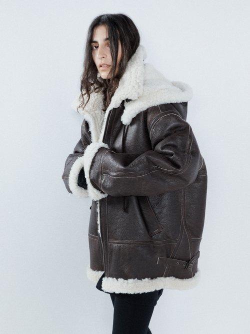 Raey - Contrast Shearling Sheepskin Aviator Coat - Womens - Brown