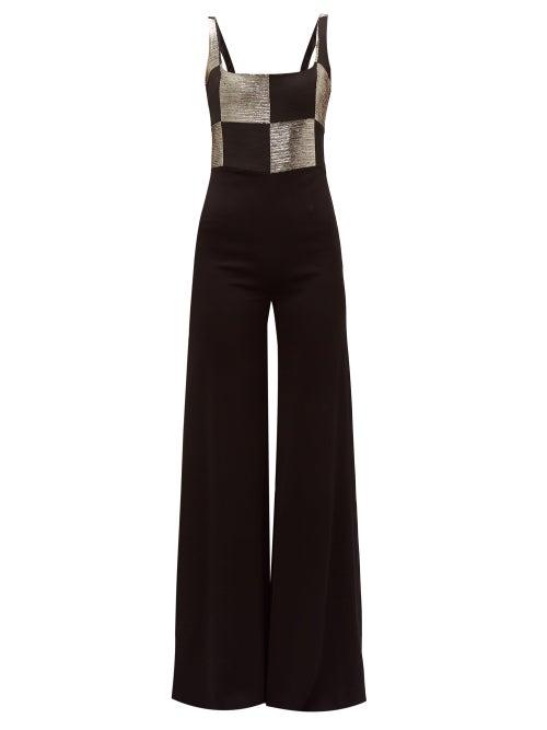 Matchesfashion.com Galvan - Ziggy Checkerboard Bodice Wide Leg Satin Jumpsuit - Womens - Black Gold