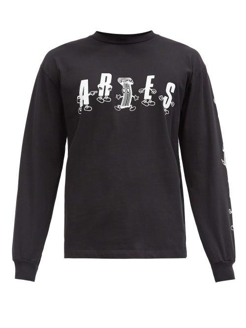 Matchesfashion.com Aries - Cartoon Columns-print Long-sleeved Cotton T-shirt - Mens - Black