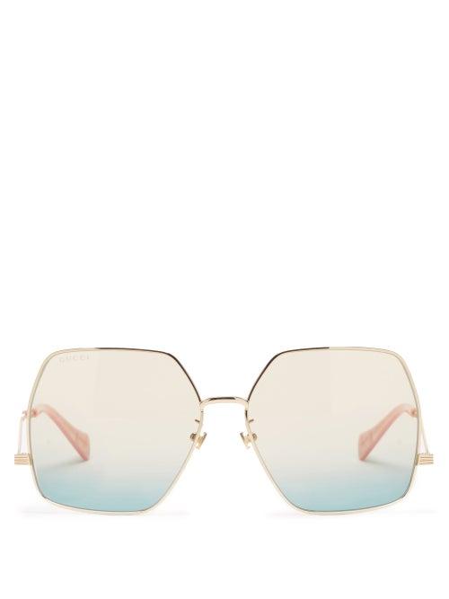 Gucci - Oversized Square Metal Sunglasses - Womens - Green Gold
