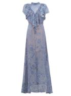 Matchesfashion.com Preen By Thornton Bregazzi - Lyla Graphic Print Ruffled Devor Maxi Dress - Womens - Blue