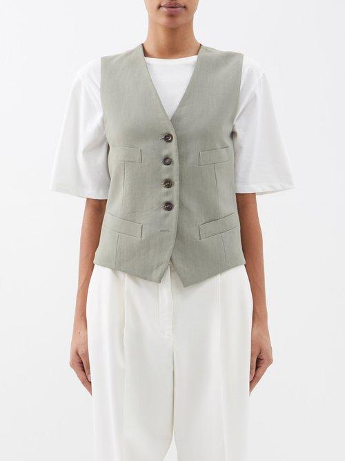 Brunello Cucinelli - Linen-blend Twill Waistcoat - Womens - Sage