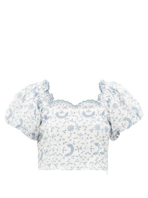Loveshackfancy - Melina Broderie-anglaise Puff-sleeve Top - Womens - Blue White