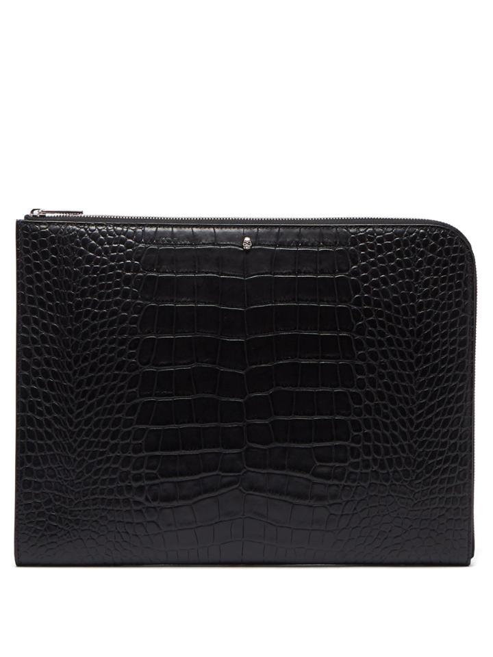 Alexander Mcqueen Skull-embellished Crococile-effect Leather Pouch