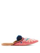 Figue Kuta Pompom-embellished Embroidered Leather Slides