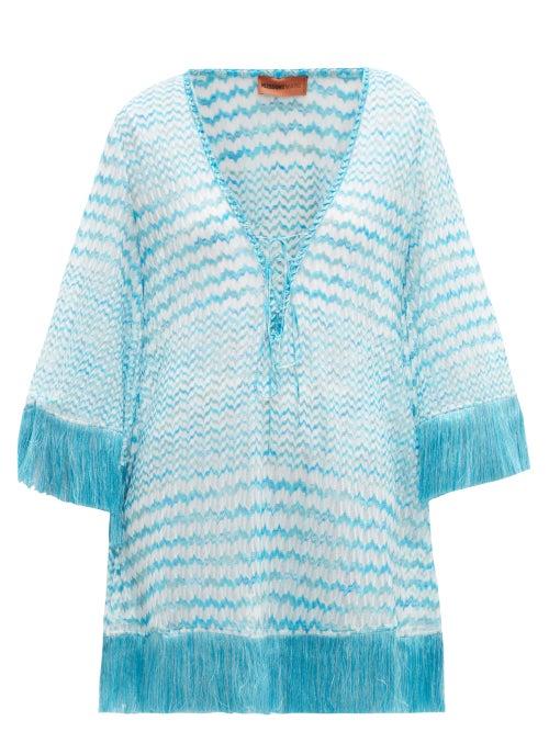 Matchesfashion.com Missoni Mare - Zigzag Knit Fringed Kaftan - Womens - Blue