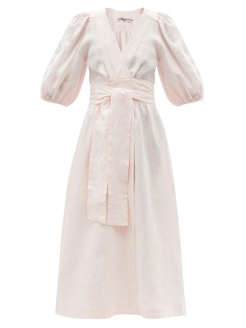 Ladies Beachwear Three Graces London - Fiona Puff-sleeve Linen Midi Wrap Dress - Womens - Light Pink