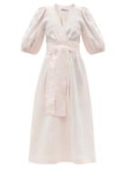 Ladies Beachwear Three Graces London - Fiona Puff-sleeve Linen Midi Wrap Dress - Womens - Light Pink
