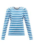 Ladies Rtw Ganni - Pleated Striped Organic-cotton Jersey T-shirt - Womens - Blue White