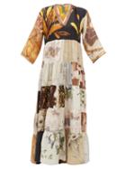 Matchesfashion.com Rianna + Nina - Vintage Patchwork Print Silk V Neck Dress - Womens - Multi