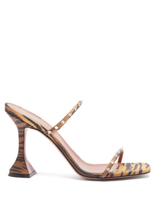 Amina Muaddi - Karma Crystal-embellished Tiger-stripe Satin Mules - Womens - Brown Multi