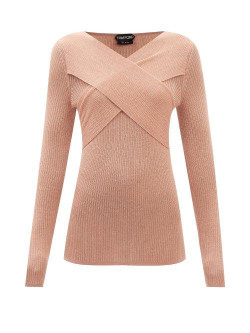 Tom Ford - Crossover-neck Ribbed Cashmere-blend Sweater - Womens - Beige