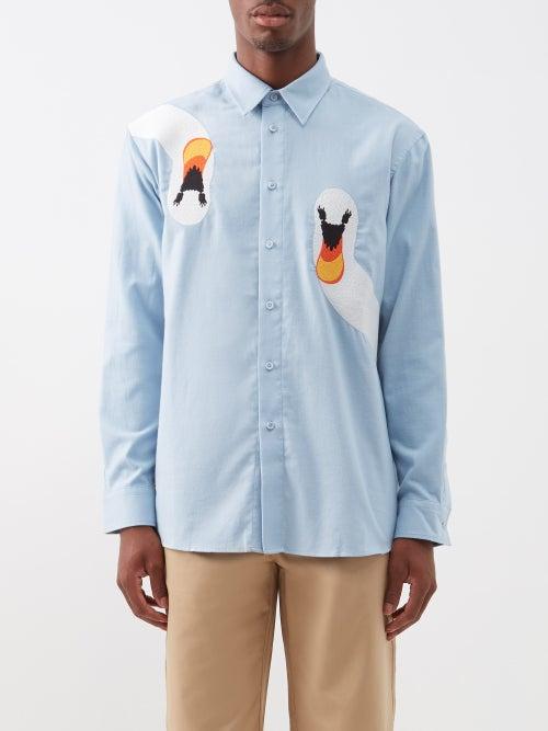 Jw Anderson - Swan-embroidered Cotton-twill Shirt - Mens - Light Blue