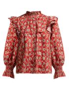 Matchesfashion.com Isabel Marant Toile - Tedy Ruffled Floral Print Linen Blouse - Womens - Red