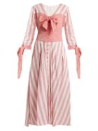 Matchesfashion.com Gl Hrgel - Bow Detail Striped Linen Blend Dress - Womens - Pink Stripe