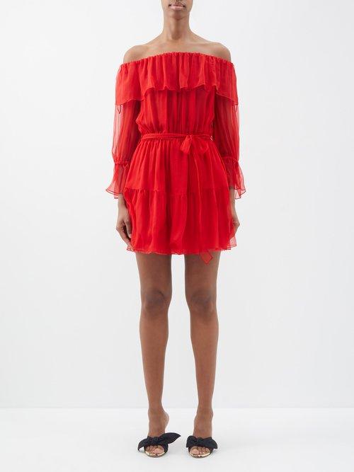Gucci - Off-the-shoulder Silk-chiffon Mini Dress - Womens - Red