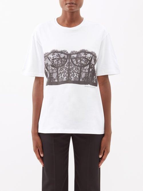 Alexander Mcqueen - Lace Corset-print Cotton-jersey T-shirt - Womens - White Black