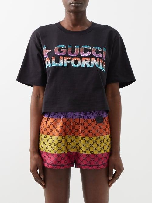 Gucci - Sequinned Cotton-jersey Cropped T-shirt - Womens - Black