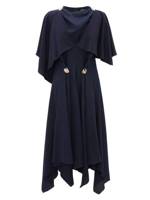 Jw Anderson - Cape-sleeve Embellished Cupro Midi Dress - Womens - Navy