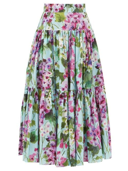 Dolce & Gabbana - Wisteria-print Tiered Cotton Skirt - Womens - Purple Multi