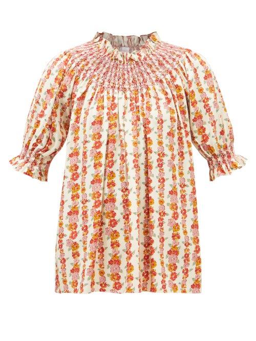 Loretta Caponi - Maria Hand-smocked Waist-tie Poplin Blouse - Womens - Red Print