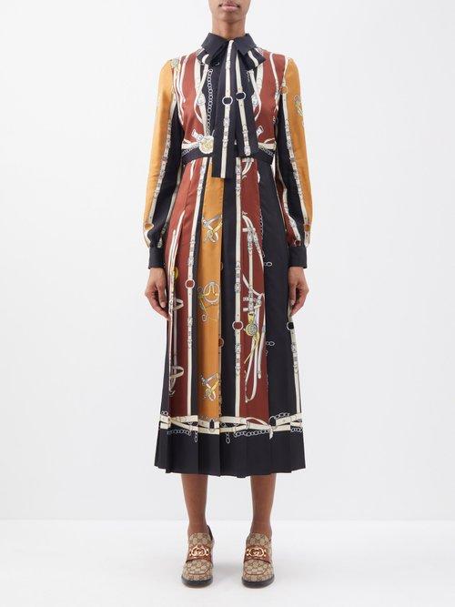 Gucci - Heritage-print Silk-twill Shirt Dress - Womens - Black Multi