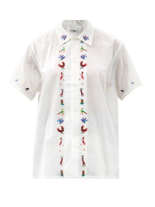 Matchesfashion.com Bode - Cross-stitch Bird Cotton-voile Shirt - Womens - White