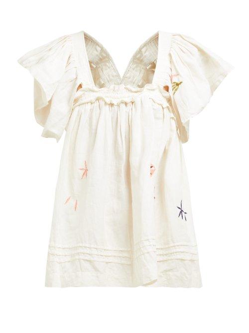 Matchesfashion.com Story Mfg - Aida Floral Embroidered Linen Blend Top - Womens - White Multi
