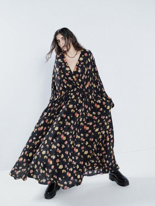 Raey - Daisy Bunches Print Wrap-front Gathered Dress - Womens - Black Print