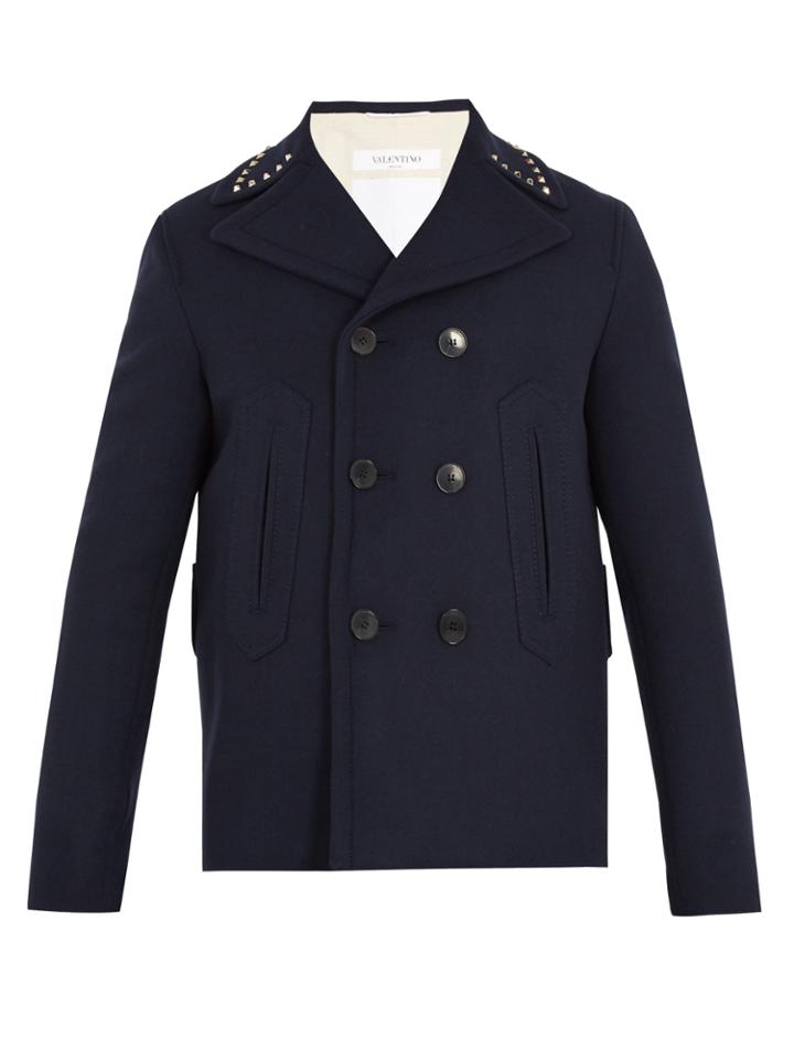 Valentino Rockstud Double-breasted Wool Pea Coat