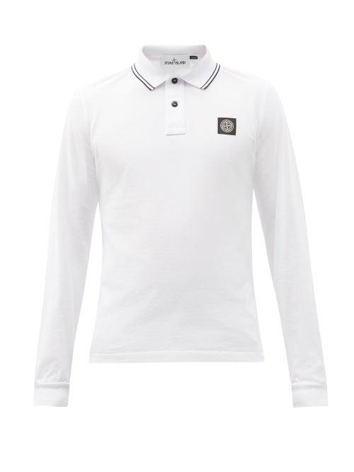 Matchesfashion.com Stone Island - Logo-patch Cotton-blend Long-sleeve Polo Shirt - Mens - White