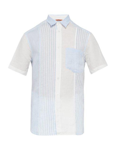 Matchesfashion.com Barena Venezia - Contrast Stripe Short Sleeved Linen Shirt - Mens - Blue