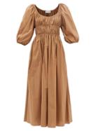 Matteau - Gathered Cotton-poplin Midi Dress - Womens - Camel