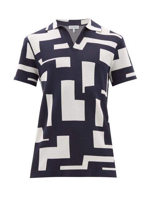 Matchesfashion.com Odyssee - Geometric-jacquard Cotton Polo Top - Mens - Navy White