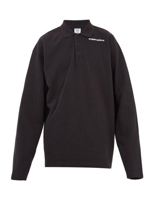 Matchesfashion.com Vetements - Long Sleeved Logo Print Piqu Polo Shirt - Mens - Black