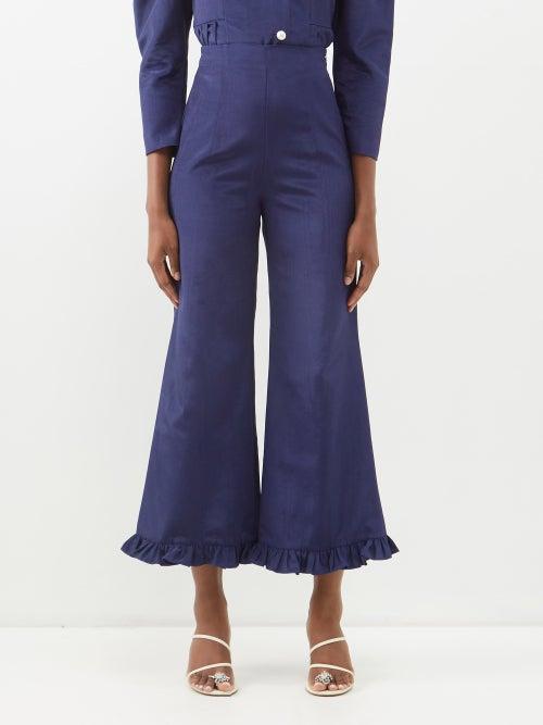 Batsheva - Ruffled Moir Trousers - Womens - Navy