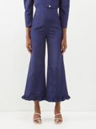 Batsheva - Ruffled Moir Trousers - Womens - Navy