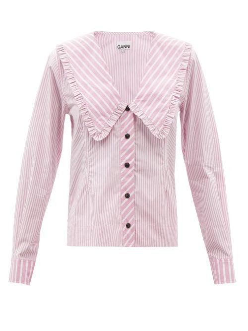 Ganni - Chelsea-collar Striped-poplin Shirt - Womens - Pink Multi