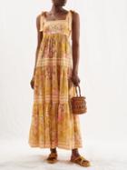 Zimmermann - Pattie Floral-print Gathered Voile Dress - Womens - Mustard