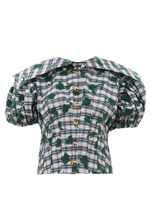Matchesfashion.com Chopova Lowena - Checked Floral-flocked Puff-sleeve Top - Womens - Blue Multi