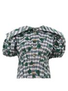 Matchesfashion.com Chopova Lowena - Checked Floral-flocked Puff-sleeve Top - Womens - Blue Multi