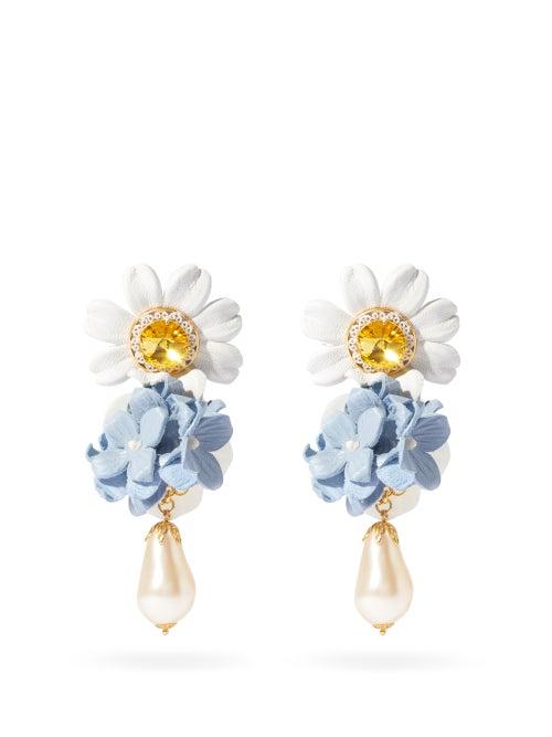 Matchesfashion.com Dolce & Gabbana - Crystal, Leather And Faux-pearl Drop Clip Earrings - Womens - Blue Multi
