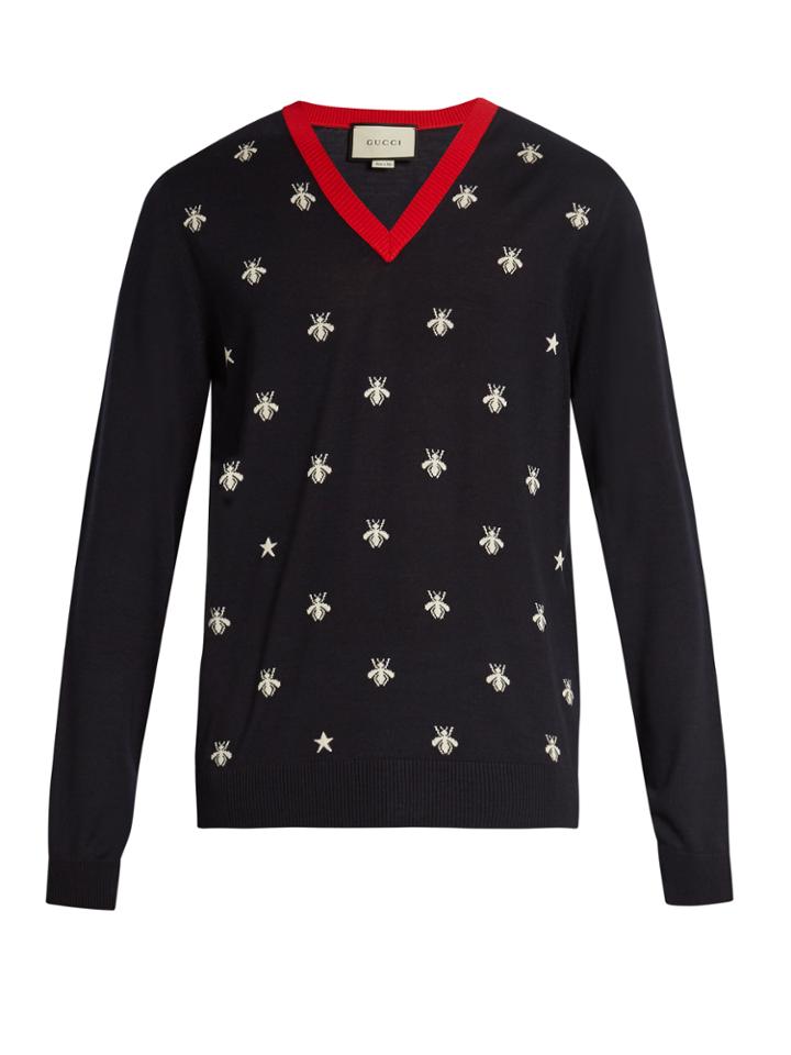 Gucci Bee-jacquard V-neck Wool Sweater