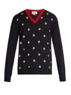 Gucci Bee-jacquard V-neck Wool Sweater