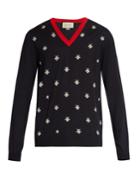 Gucci Bee-jacquard V-neck Wool Sweater