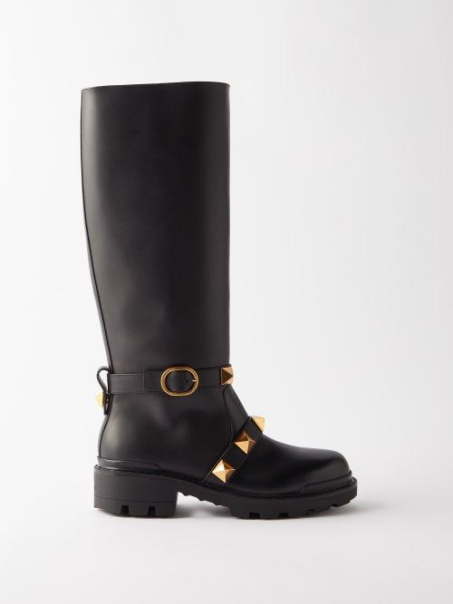 Valentino Garavani - Roman Stud Leather Knee-high Boots - Womens - Black Gold